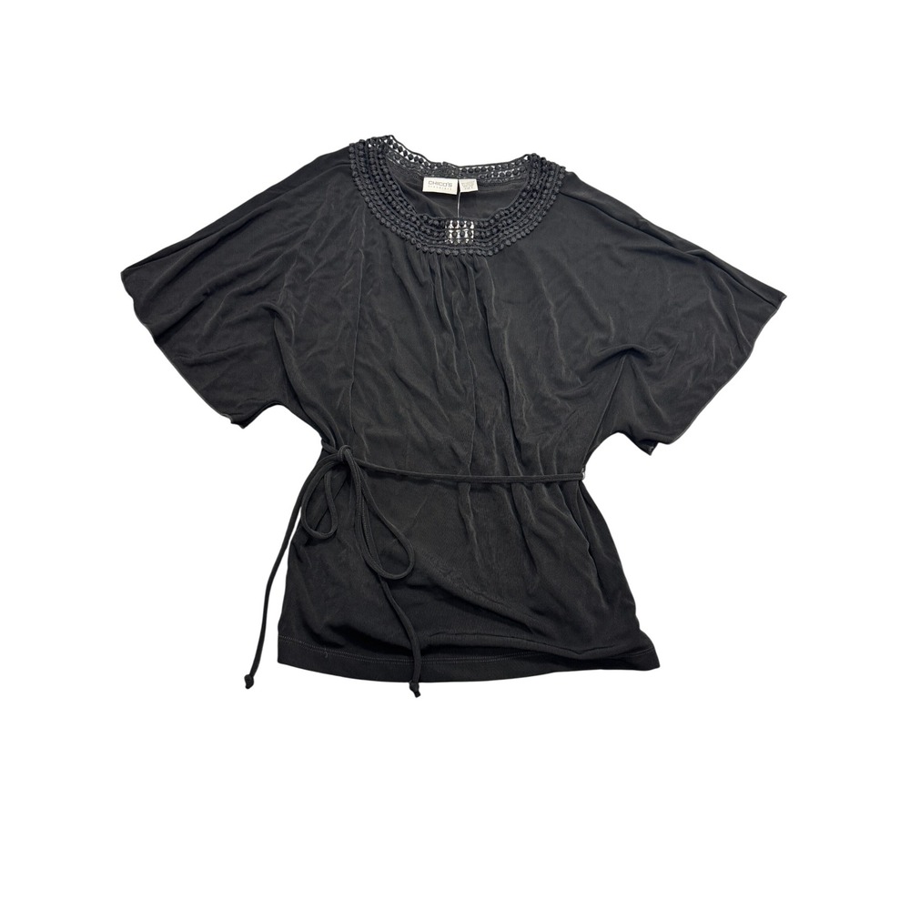 Chicos Travelers Crochet Tunic Top SS Black Size 3 Short Sleeve Tie Waist New